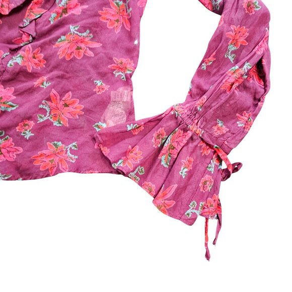 Floral Wrap Ruffle Blouse V-Neck Long Sleeve Sheer Tie Waist Women's Top Size S - Picture 8 of 14